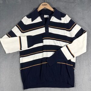 Vintage 70s‎ JCPenney Striped Knit Polo Sweater Butterfly Collar Navy White  XL
